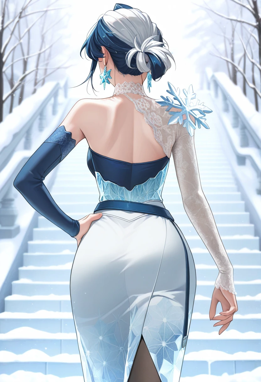 masterpiece, best quality, newest, absurdres, highres, , <lora:RivalsLunaSnow-000011:0.9> RVLSLNALT, two-tone hair, dress,blue hair, white hair, dress, medium skirt, single bare shoulder, snowflake earrings, ice crystal, embroidery, asymmetrical sleeves, blue belt, snowflake earrings, pantyhose, snow, wind, stairs, from behind, back, tied hair, contrapposto, hand on own hip,