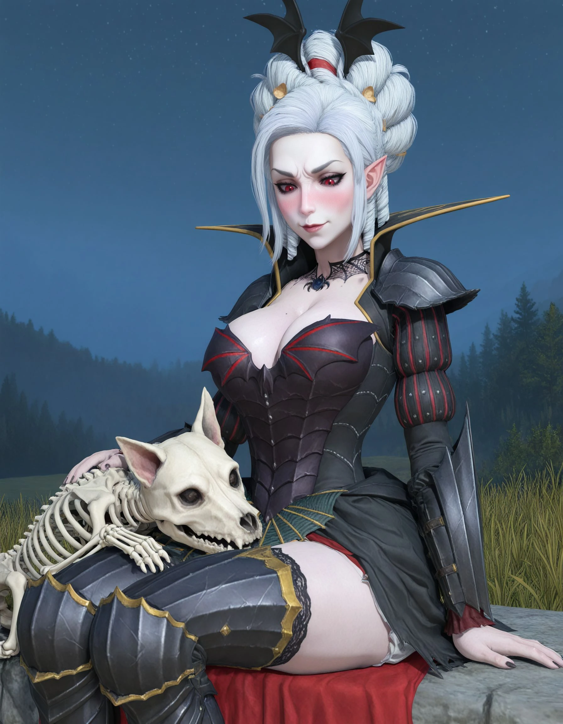 masterpiece, good quality, best quality, (kunaboto:0.15), night, 
LahmianVampire, armor, dress,  pale skin, white hair, pointy ears, 
solo, sitting, skeleton dog, cute, sitting on lap, looking down, blush, light smile, 
<lora:LahmianVampire_Vpred:0.75>