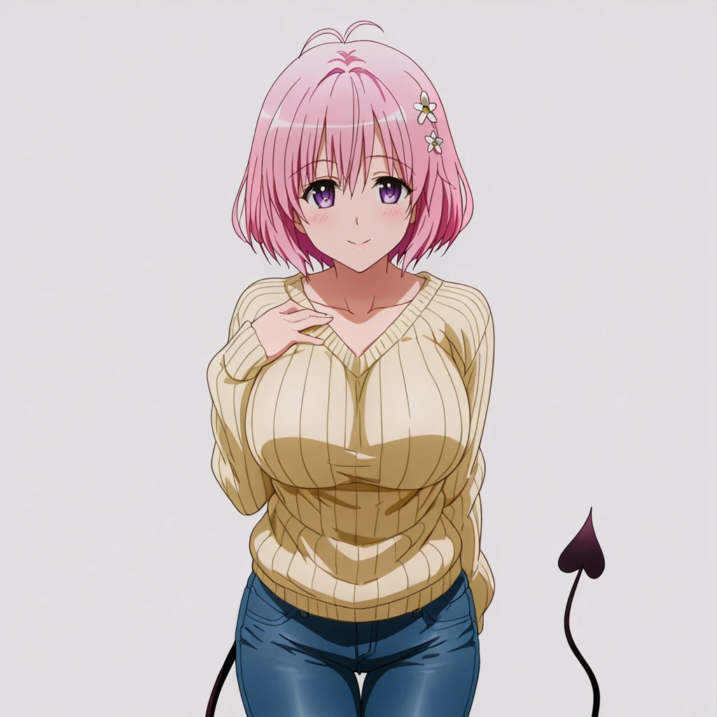 <lora:Momo_illustrious_v1:1>Momo, 1girl, pink hair, demon tail, short hair, large breasts, purple eyes, hair ornament, cowboy shot,, sweater, jeans