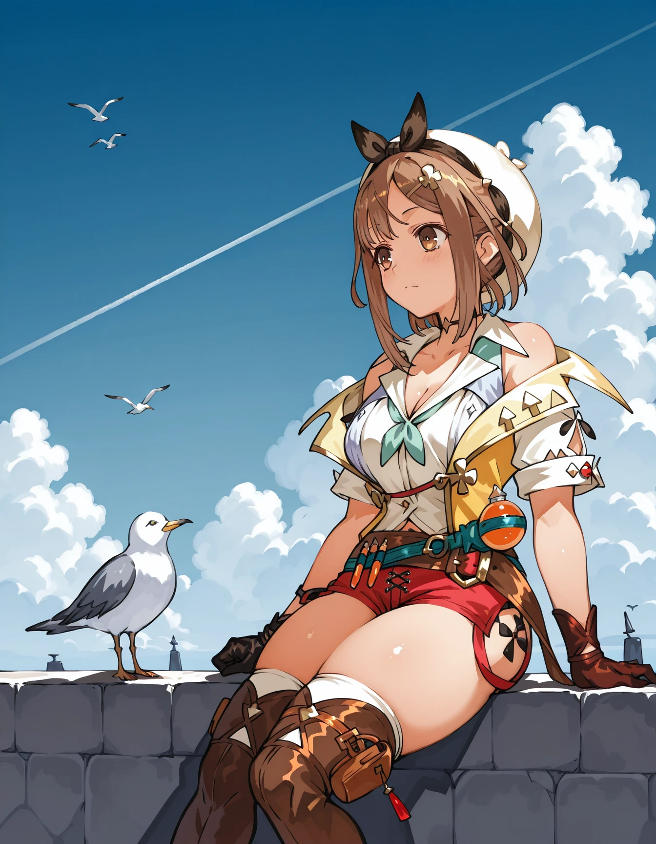 blush, outdoor, daytime, simple background, blue sky, rippled hair, sky, looking at the audience, loli, very cute expression, small short legs, avatar, panties, white tights