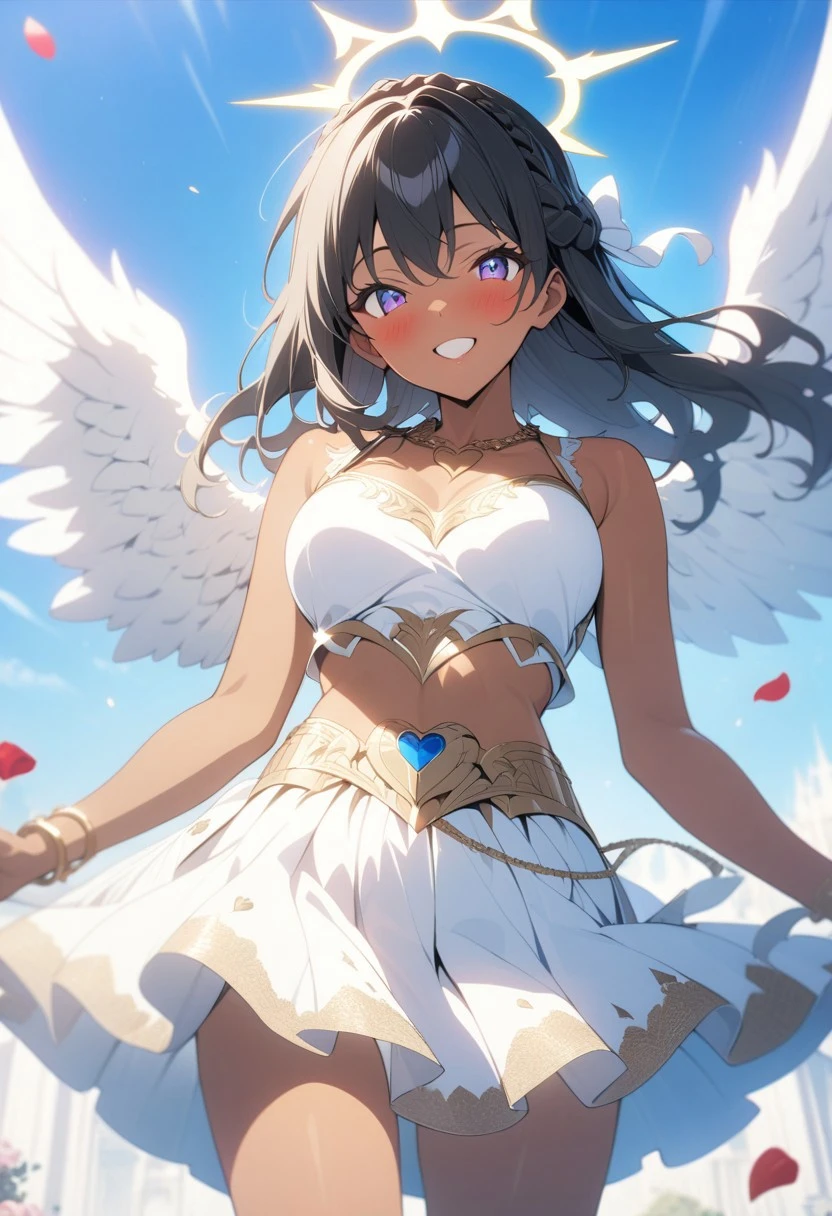 gorgeous lips, cinematic, (masterpiece), (best quality), (ultra-detailed), very aesthetic, illustration, perfect composition, intricate details, absurdres, detailed face, (anime, masterpiece, intricate:1.3), (best quality, hires textures, high detail:1.2)
,pastel colors, soft lighting, 1girl, a anime girl with very long black hair, crown braid, half updo, medium breasts, tan skin, brown skin, golden angel halo, gold bangles, gold heart waist chain, heart shaped neckline, white silk sleeveless crop top, high waisted short white silk skirt, midriff, gold trim dress, ((large:1.2) white angel wings:1.4), cinematic lighting, bright blue sky, cupid, happy, blush, hair blowing in the breeze, skirt blowing in the breeze, film grain, hearts, valentines theme, red hearts, falling rose petals, cowboy shot, flying in the sky, happy, smile, looking at viewer