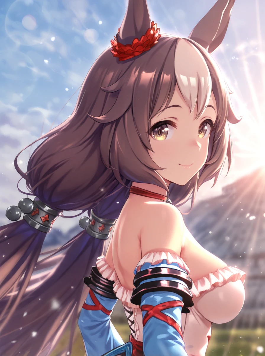 masterpiece, best quality, absurdres,ultra detailed hair,floating hair,
yamanin zephyr \(umamusume\), 1girl, smile, looking at viewer, from side, upper body, closed mouth, bare shoulders, looking to the side, strapless layered dress, detached blue sleeves, red pendant choker, armlet, silver hair ornament
light rays,lens flare,light particles,outdoors,motion blur, blur
<lora:ILL_yamanin_zephyr_ver1.01:0.85>