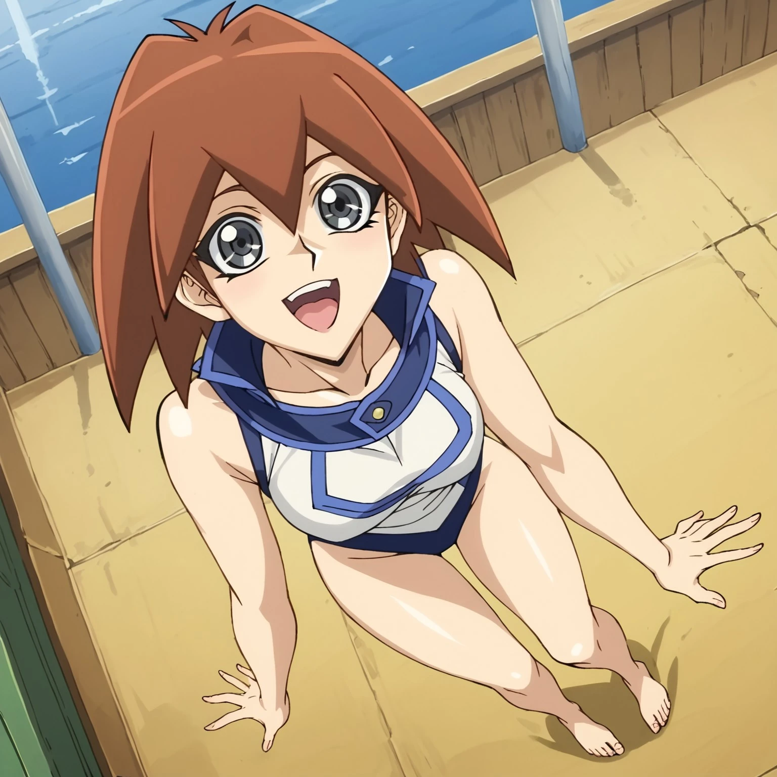 uncensored, score_9__up, score_9, score_8_up, score_8, score_7_up, score_7, score_6_up, score_6, score_5_up, source_anime, anime screencap, anime coloring, highres, yu-gi-oh!gx, yu-gi-oh!, jasmine (yu-gi-oh gx), grey eyes, happy, full body, swimsuit, dynamic angle
