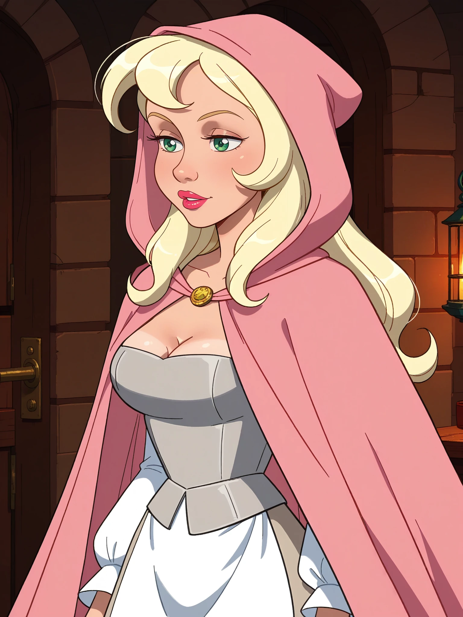 , score_9, score_8_up, score_7_up, score_6_up,
<lora:Snow_White_-_Simsala_Grimm_-_Snow_White_and_Red_Rose:0.8> swhite-simgrim, 1girl, solo, blonde hair, long hair, green eyes, lipstick, tan skirt, apron, white shirt, puffy sleeves, grey corset, breasts. cleavage, pink cloak, hood up