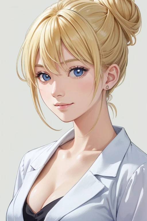 (high quality:1.3), (best quality:1.3), Illustration, (in style of Hisashi Eguchi:1.2), 24 year old, blonde hair, slight smile, detailed skin face and eyes, natural lighting, messy bun, cleavage, natural face, dark circles under eyes, upper body, simple background