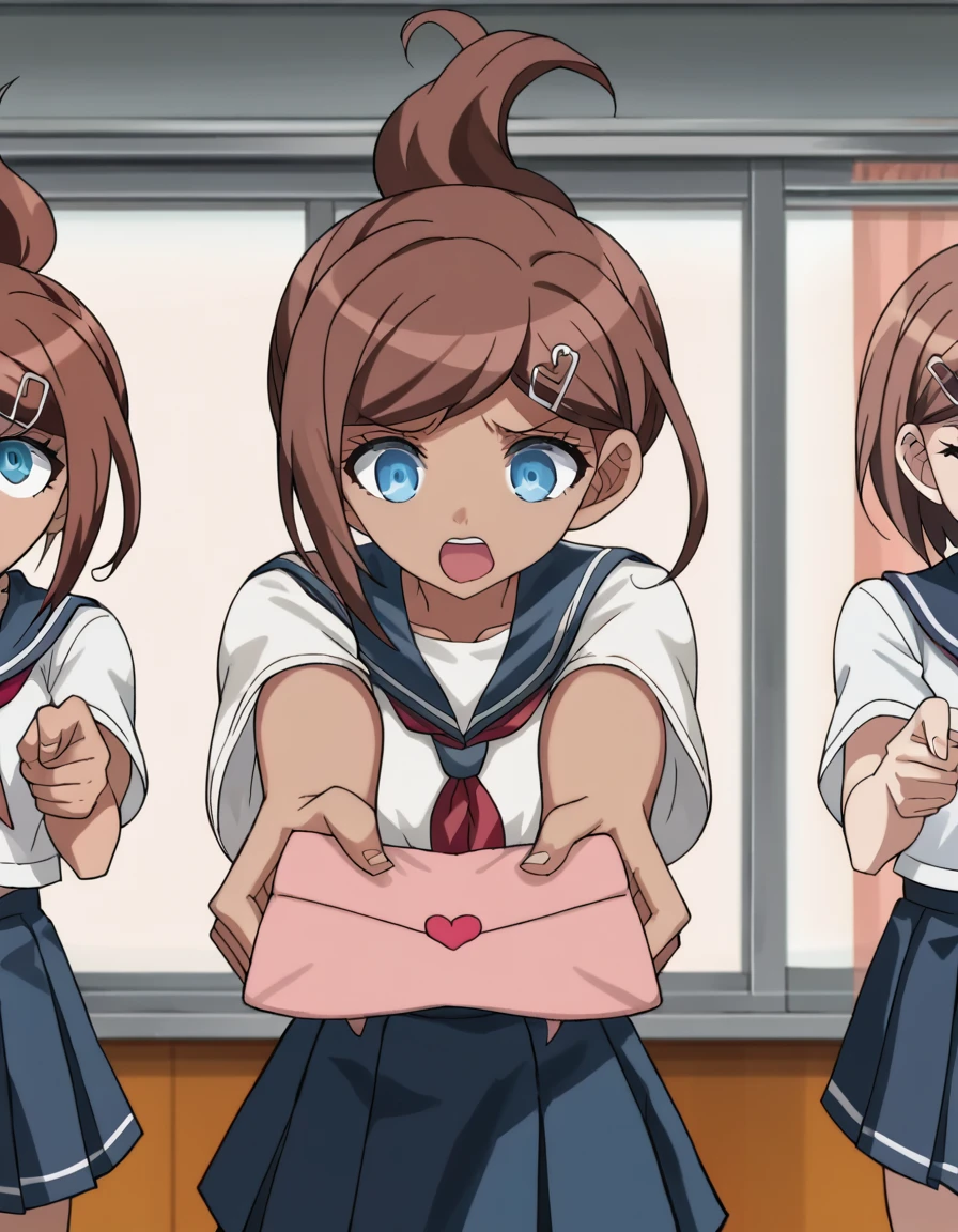 score_9, score_8_up, score_7_up, source_anime, <lora:aoi-asahina-s1-ponyxl-lora-nochekaiser:1>, aoi asahina, short hair, bangs, blue eyes, brown hair, hair ornament, ponytail, hairclip, dark skin, dark-skinned female, large breasts, anime screencap, <lora:love-letter-ponyxl-lora-nochekaiser:1>, love letter, heart, valentine, letter, confession, incoming gift, outstretched arms, closed eyes, shouting, classroom, serafuku, school uniform, white shirt, blue sailor collar, blue skirt, pleated skirt, short sleeves, neckerchief, red neckerchief,