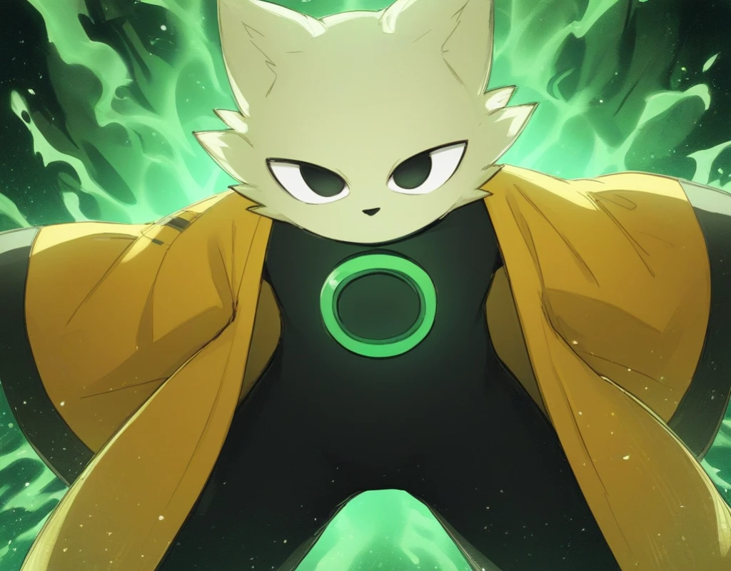 score 9, score 8 up, score 7 up, score 6 up, score 5 up, score 4 up,
yi, nine sols, feline, solarian, anthro, solo, male, looking at viewer, front view, white fur, black eyes, cat ears, clothes, black body, green ring on chest, yellow coat, long sleeves, 4 fingers, claws, outstretched arm, outstretched left arm, black roots, green smoke, black and white sphere over head, detailed background