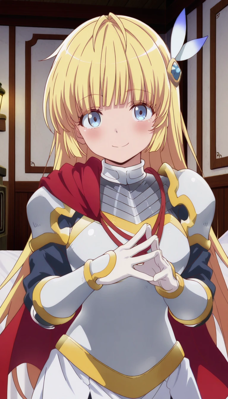 (masterpiece),best quality,amazing quality,very aesthetic,absurdres,newest,perfect body,shiny skin,perfect eyes,detail1eye,well-defined fingers,well-defined fingernails,anime style,indoors,1girl,solo,upper body,(portrait:1.5),looking at viewer,facing viewer,smile,blush,Angelica,ahoge,very long hair,blonde hair,wing hair ornament,feather hair ornament,blunt bangs,blue eyes,shoulder armor,pauldrons,breastplate,red cape,armored dress,elbow gloves,white gloves,medium breasts,black pantyhose,zettai ryouiki,armored boots,thigh boots,white footwear,<lora:Angelica(hnik)-Illus:1.8>,