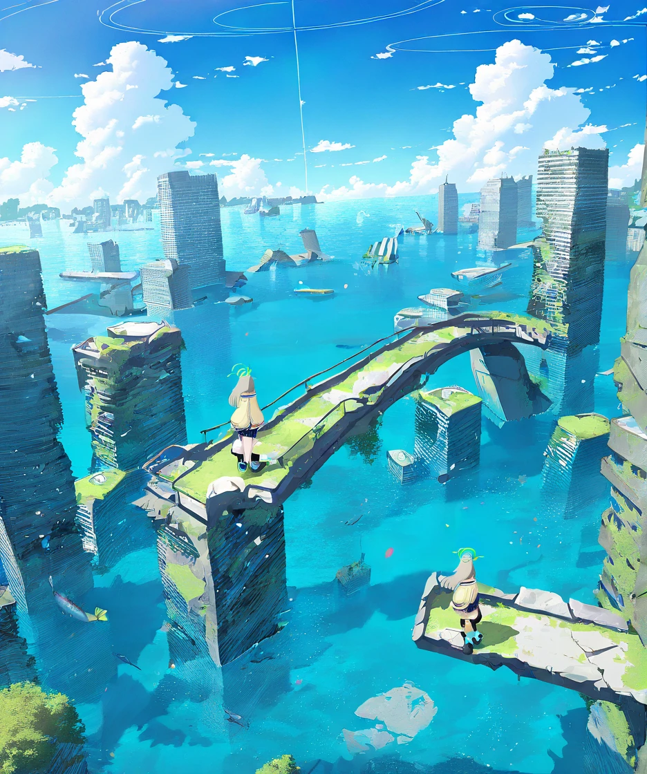 1girl,nonomi \(blue archive\),scenery,building,city,water,cityscape,sky,outdoors,cloud,cloudy sky,bridge,day,ruins,skyscraper,blue sky,ocean,tower,tree,fish,masterpiece, best quality, very aesthetic, absurdres, <lora:Submerged ruins-NAI:0.8>,
