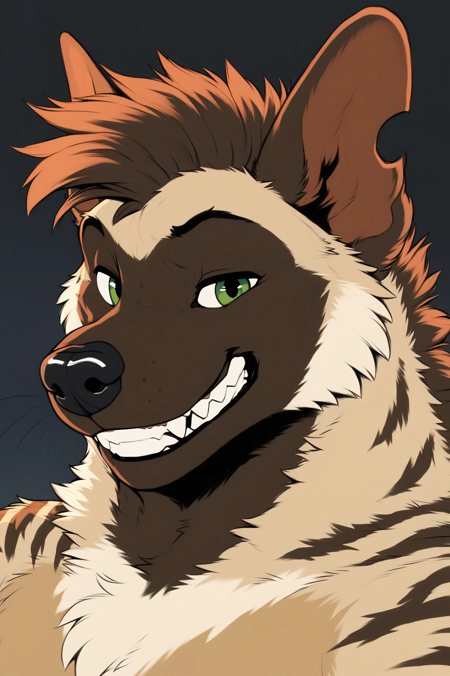 zPDXL3, (masterpiece, best quality, very aesthetic, newest, 2024), (solo, Male, Anthro), digital painting, flat color, soft lighting, detailed background, black background,
striped hyena, green eyes, side eye, rugged appearance, scruffy, close up of face, musclegut, built, grin, smile, mohawk, portrait, looking at viewer, <lora:LoraBYIN_beeryeen:1>