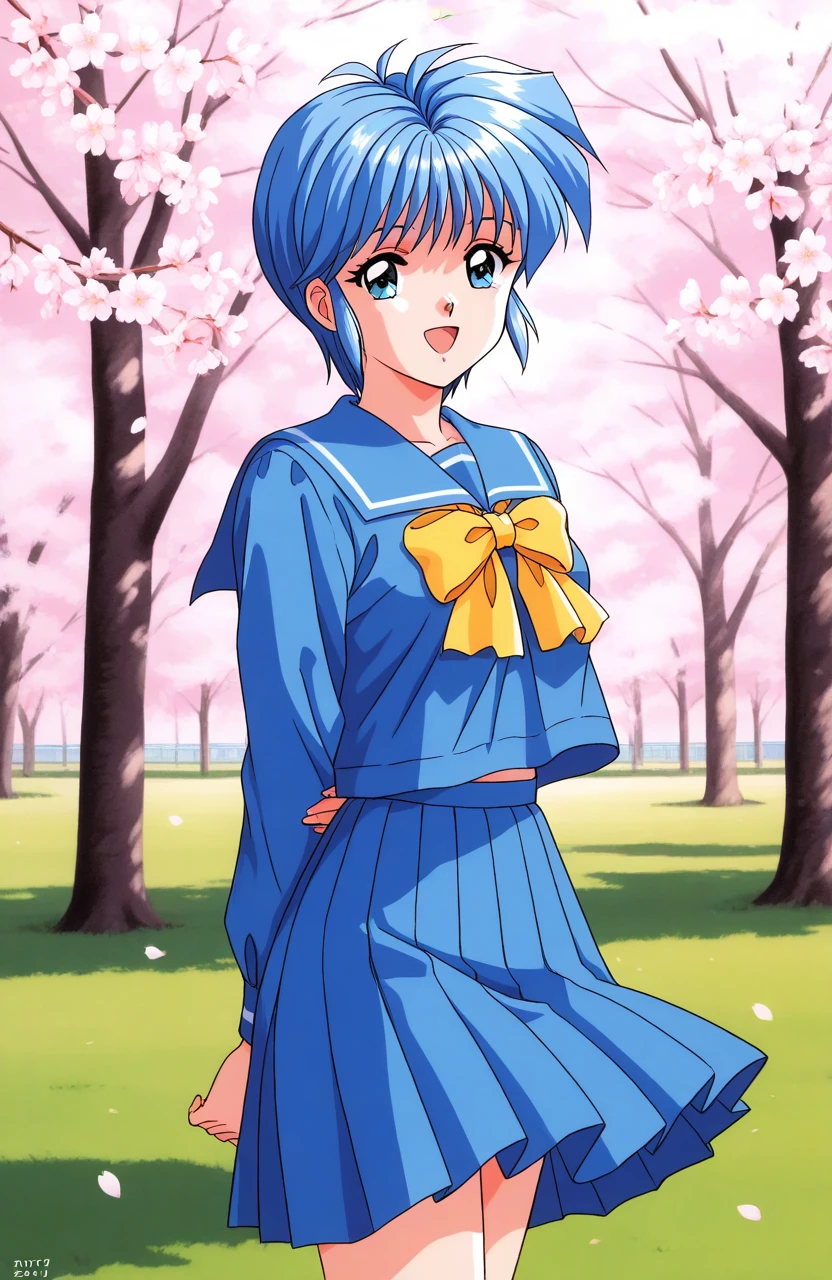 general,highres, ultra-detailed,very aesthetic,best quality ,best hands, BREAK <lora:Nijino_Saki_Tokimeki_Memorial_IS:1>Nijino_Saki(Tokimeki_Memorial),1girl, solo, blue hair, blue eyes, short hair, bangs, medium breasts, 1990s (style),
school uniform, skirt, blue skirt, outdoors, arms behind back, serafuku, open mouth, pleated skirt, sailor collar, bow, looking at viewer, smile, tree, long sleeves, day,
blue shirt, blue sailor collar,
yellow bow, dated, cherry blossoms, shirt, grass,
standing, cowboy shot,