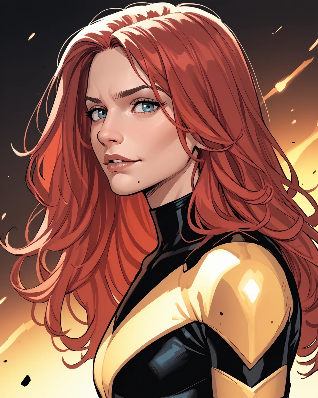 score_9, score_8_up, score_7_up, score_6_up, masterpiece, best quality, <lora:Hope_Summers_-_MarvelX-Men_Pony:1> hopesummers, long hair, red hair, bodysuit, gloves , zPDXL3, zPDXLxxx, view from side, seductive, upper body, looking at viewer, tucking hair,