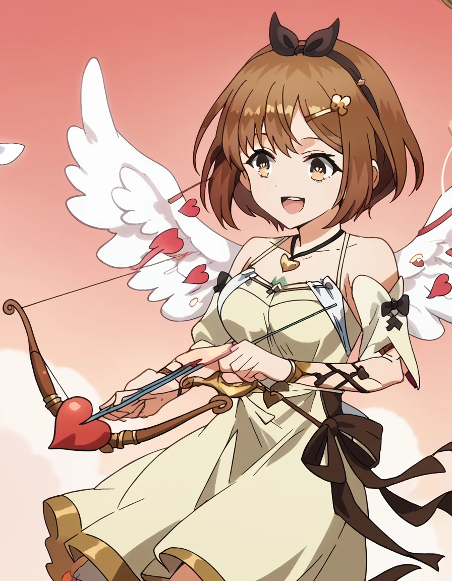 fscore_9, score_8_up, score_7_up, source_anime, <lora:reisalin-stout-s1-ponyxl-lora-nochekaiser:1>, reisalin stout, short hair, brown hair, hair ornament, brown eyes, hairclip, medium breasts, anime screencap, <lora:cupid-ponyxl-lora-nochekaiser:1>, cupid, dress, bare shoulders, weapon, heart, wings, bow (weapon), arrow (projectile), angel, smile, open mouth, heart arrow, ,