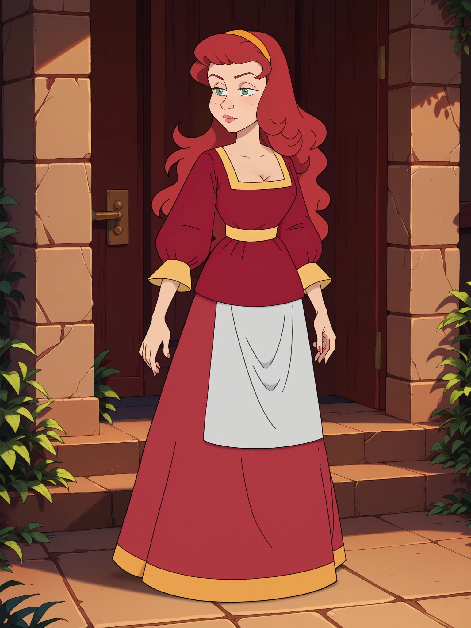 , score_9, score_8_up, score_7_up, score_6_up,
<lora:Rose_Red_-_Simsala_Grimm_-_Snow_White_and_Rose_Red:1> rred-simgrim, 1girl, solo, freckles, medium breasts, cleavage, red hair, golden hairband, long hair, red dress, red shirt, puffy sleeves, yellow trim, white apron, full body