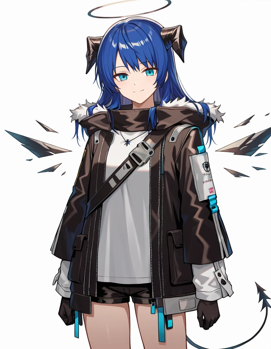 Volumetric Lighting, (masterpiece), (best quality), (ultra-detailed), masterpiece, source_anime, score_9, score_8_up, score_7_up BREAK, illustration, disheveled hair, detailed eyes, perfect composition, moist skin, intricate details BREAK, light depth, detailed face, detailed fingers, BREAK, mostima (arknights), long hair, blue hair, blue eyes, mosti horns, mosti tail, sankta wings, detached wings,mosti halo,black halo BREAK, mostidef, mosti jacket, mosti shorts, mosti gloves, mosti scarf, mosti shirt, shoulder strap, mosti necklace BREAK, ((white background)), looking at viewer, smile, thighs