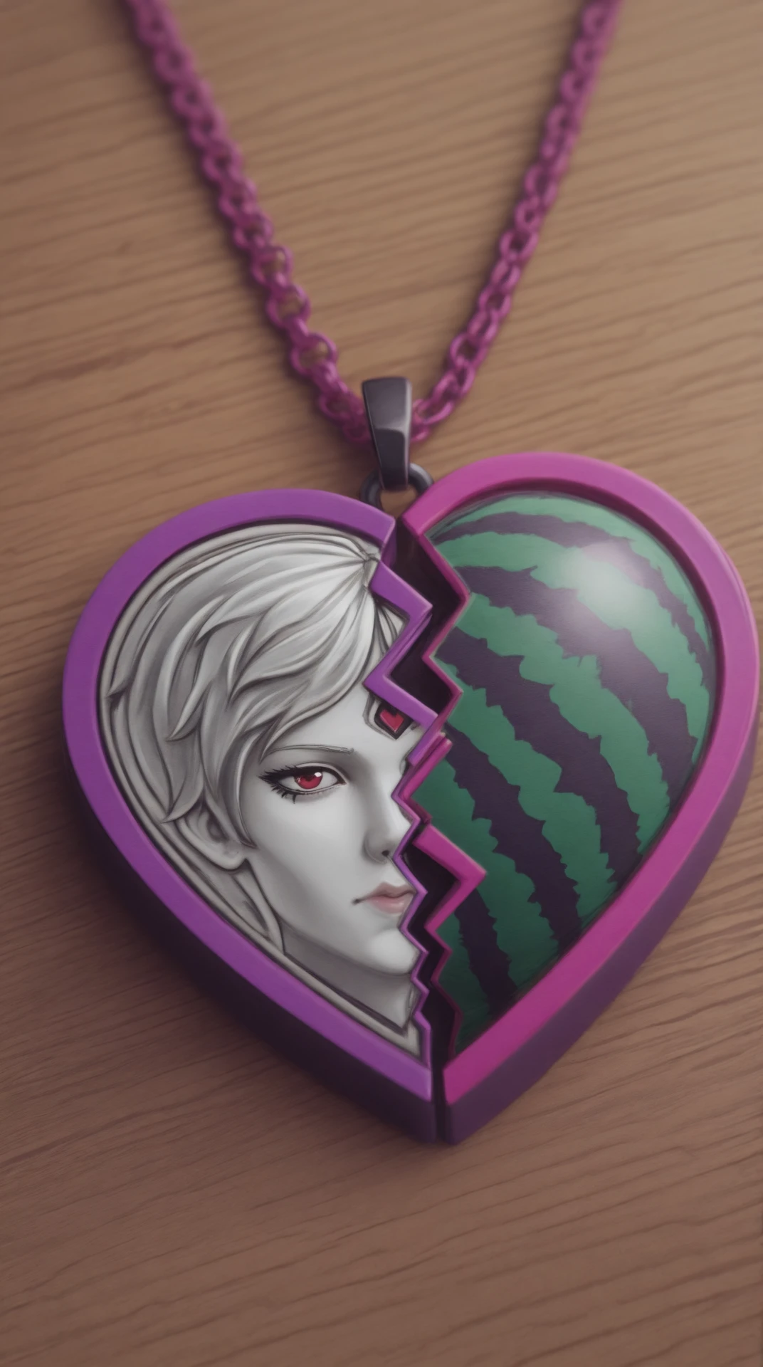 splitheart, dementia metal heart, Watermelon|Board game expanded polystyrene, hovering elevators Purple chain, wooden background
detailed background, masterpiece, best_quality
<lora:SplitHeartILXL:1>