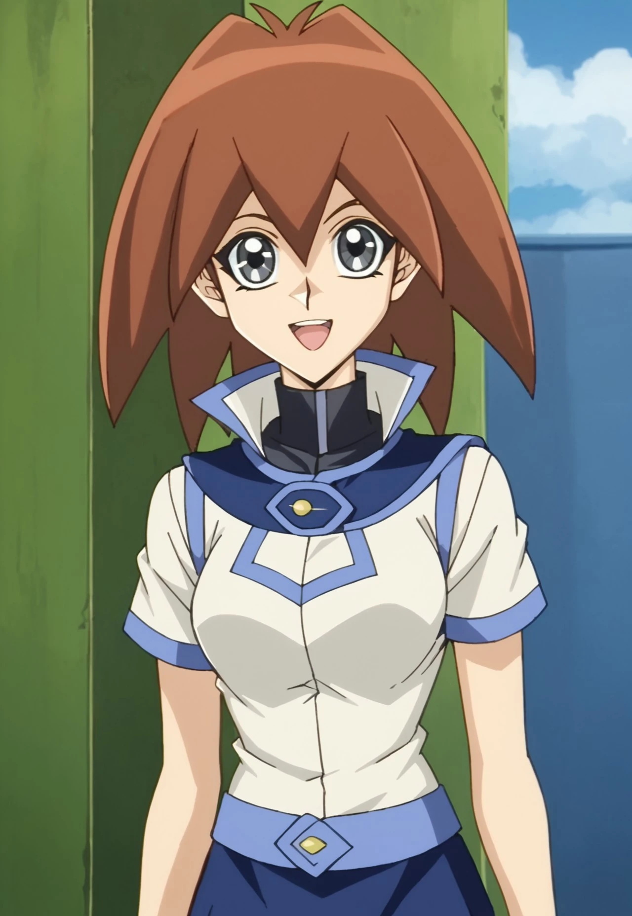 uncensored, score_9__up, score_9, score_8_up, score_8, score_7_up, score_7, score_6_up, score_6, score_5_up, source_anime, anime screencap, anime coloring, highres, yu-gi-oh!gx, yu-gi-oh!, jasmine (yu-gi-oh gx), grey eyes, happy, full body, duel academy uniform,