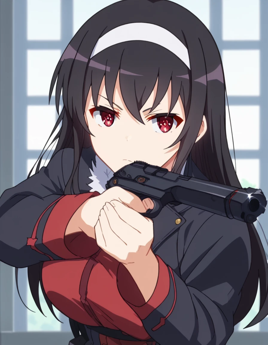 score_9, score_8_up, score_7_up, source_anime, <lora:utaha-kasumigaoka-s2-ponyxl-lora-nochekaiser:1>, utaha kasumigaoka, black hair, hairband, long hair, red eyes, large breasts, anime screencap, <lora:center-axis-relock-stance-ponyxl-lora-nochekaiser:1>, center axis relock stance, looking at viewer, holding, closed mouth, weapon, holding weapon, gun, holding gun, handgun, aiming, finger on trigger, aiming at viewer, m1911,, ,
