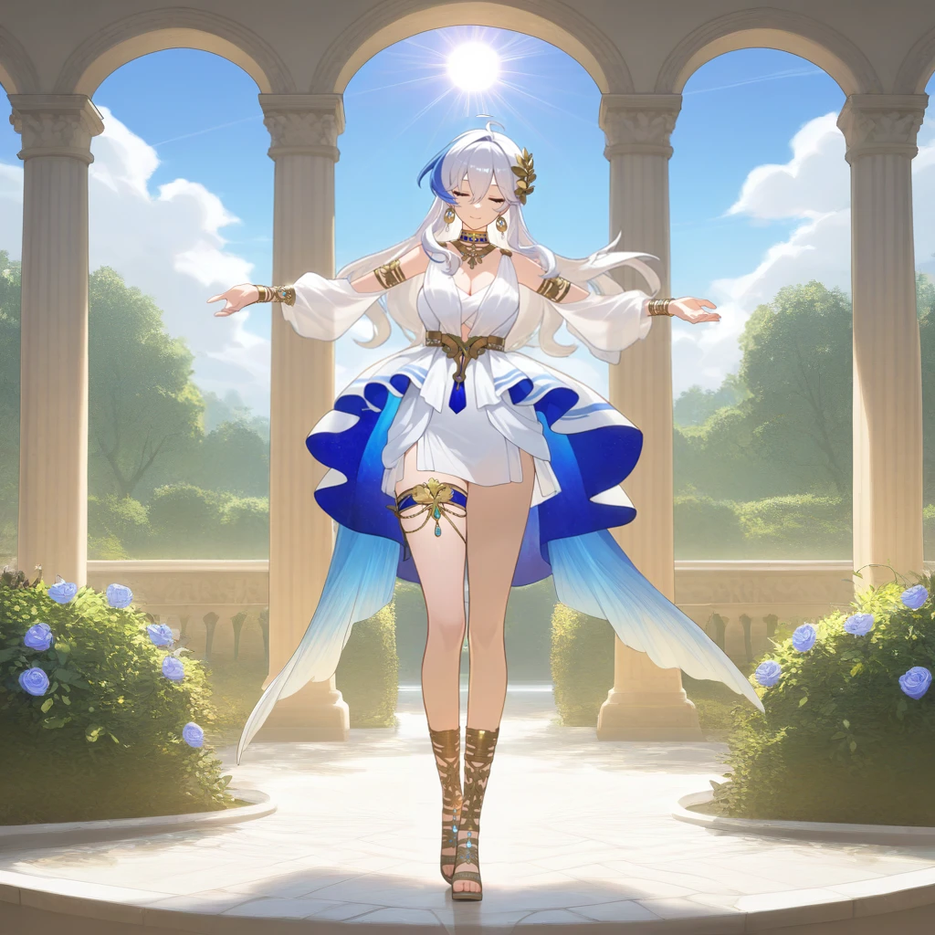 masterpiece, best quality, ultra-detailed, very aesthetic, detailed background, year 2023, very aesthetic, newest, scenery, highres, 4k, absurdres, 8k, colorful,vibrant, glowing, perfect face, 2d, perfect eyes, detailed eyes, 1girl, solo, Greek architecture, marble, pillar, garden, Greek garden, flowers, bushes, trees, vines, gladiator sandals, full body, dancing, spread arms, closed eyes, graceful, elegant, detailed background, day, sun, sky, clouds, foreshortening, tiptoe, smile,
Kanami, Fol003, Kan_Grk, white hair, gradient hair, blue hair, streaked hair, long hair, ahoge, hair ornament, earrings, armlet, necklace, choker, thigh strap, jewelry, alt white dress, greek clothes, alt sleeveless dress, alternative layered skirt, alt blue skirt, alt white skirt, gold belt, buckle, cleavage, detached sleeves, white sleeves, wristlet, masterpiece, best quality, ultra-detailed, very aesthetic, newest, scenery, absurdres, perfect anatomy, perfect legs, perfect face, perfect eyes, mature body, clear eyes, beautiful eyes,