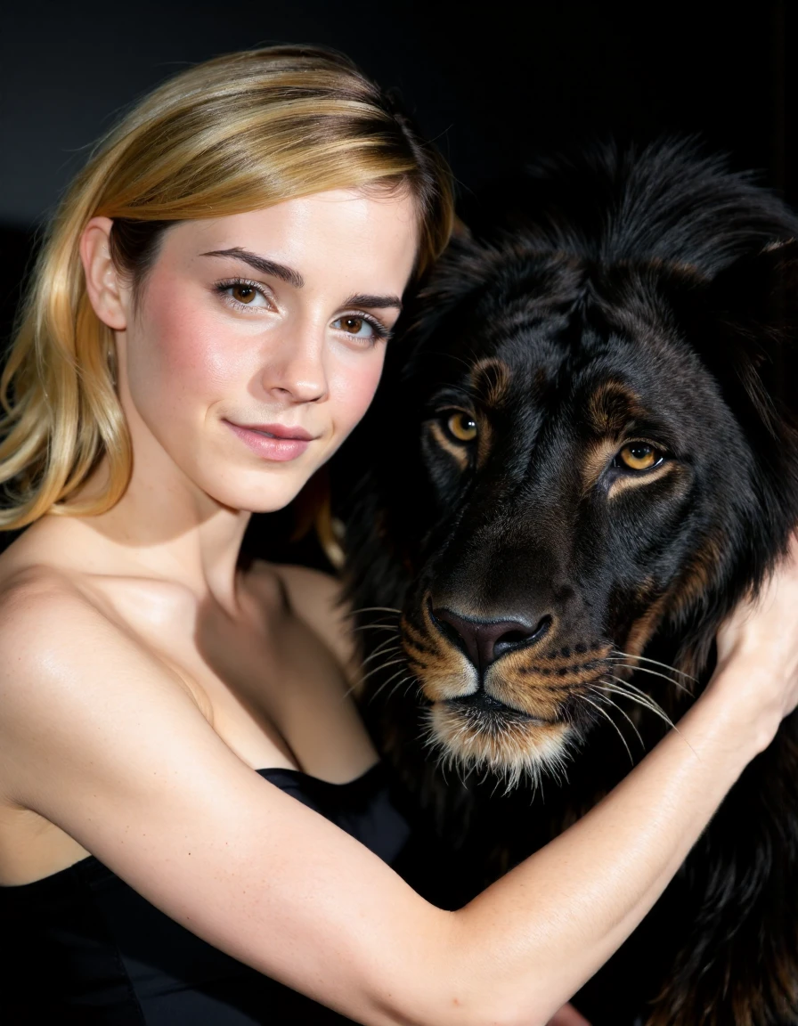 Emma Watson (25, extra busty) and her girlfriend (various race, age near 20, busty, hourglass figure) are both dressed in sheer colorful night gowns. They are passionately hugging and kissing while their pet cheetah tries to sleep. Romantic lit Bedroom