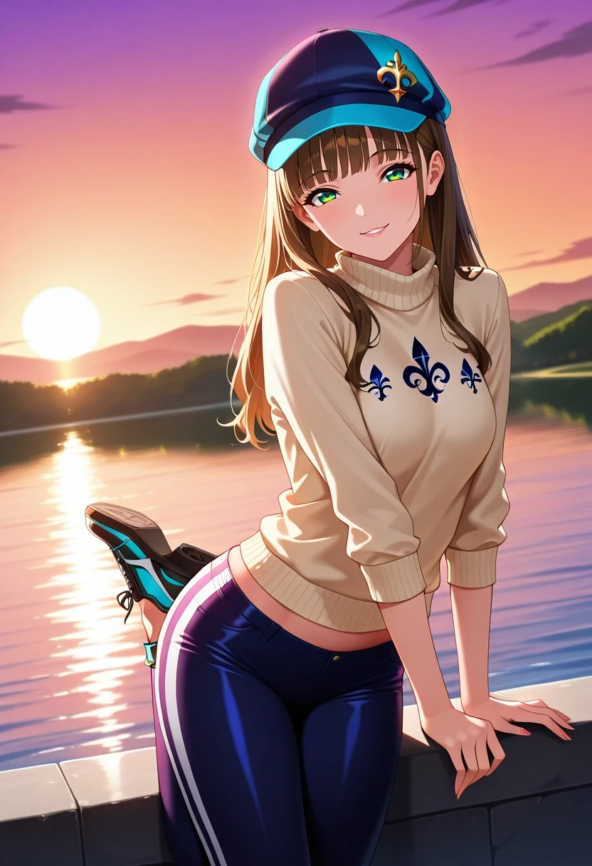 masterpiece, best quality, intricate details, (photorealistic:0.6), looking at viewer, 1girl, solo, <lora:yume_minami_ilxl:1>, yume_minami, brown hair, green eyes, long hair, bangs, wide angle, wide shot, cowboy shot, lake, dusk, the pose, naughty smile, Straight-leg pants, Fleur-de-lis Tulle Half-zip sweater, Wingtip shoes, Cycling cap,