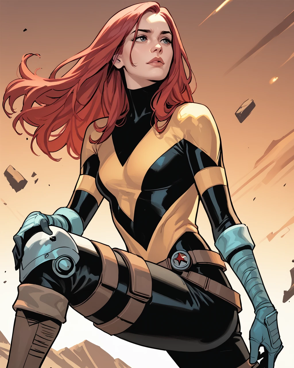 score_9, score_8_up, score_7_up, score_6_up, masterpiece, best quality, <lora:Hope_Summers_-_MarvelX-Men_Pony:1> hopesummers, long hair, red hair, bodysuit, gloves, belt, knee boots, zPDXL3, zPDXLxxx,    view from side