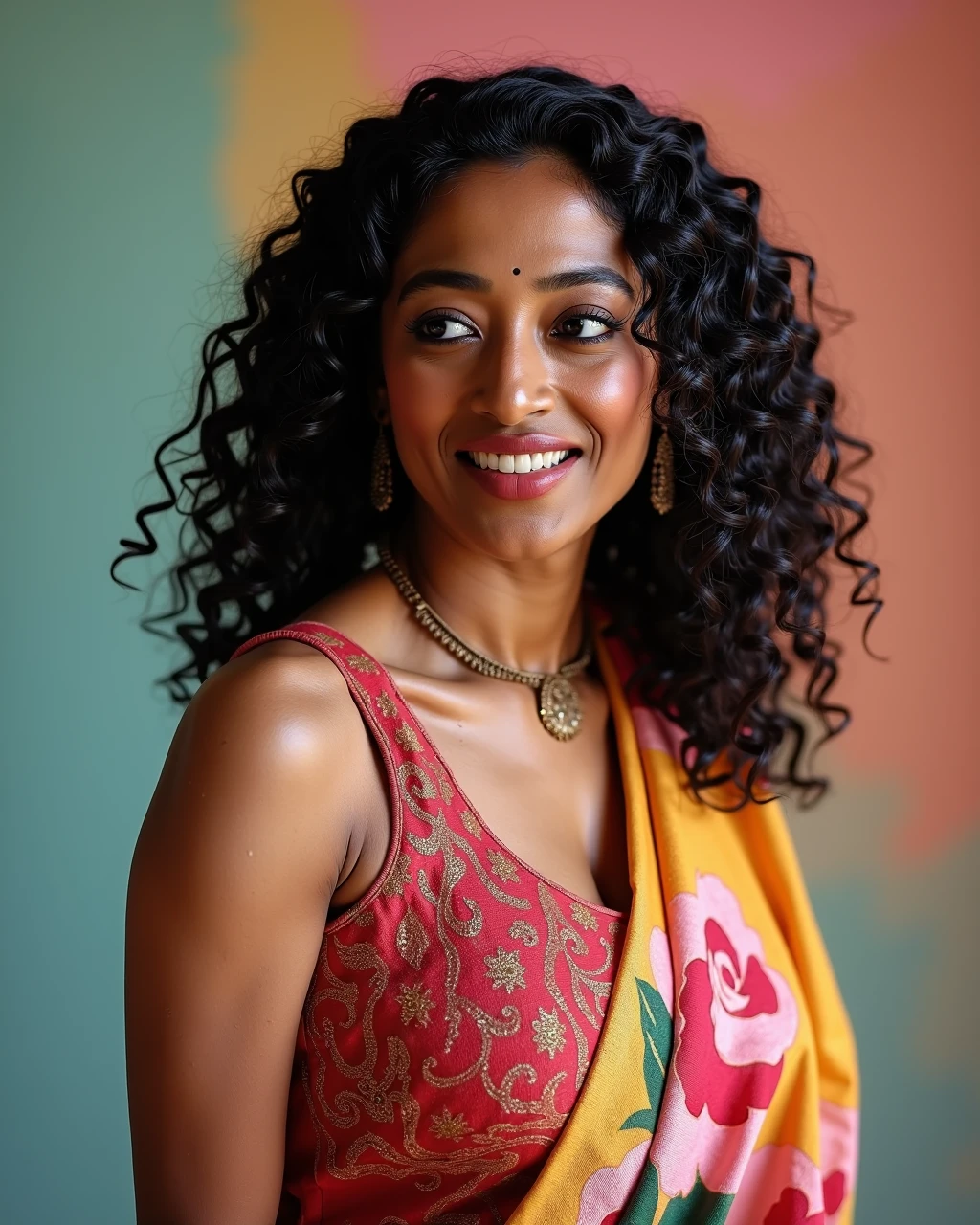 headshot photo of Paoli Dam woman,candid photo with natural colors, shouting expression on face,studio quality, wearing intricate elegant conservative sleeveless Rose Kalamkari Dress (hand-painted fabric), curls, pastel shaded multicolored background, cinematic soft lighting<lora:TestBed\Paoli_Dam_Flux_Kohya_V1b-000004.safetensors:0.8:0.8>