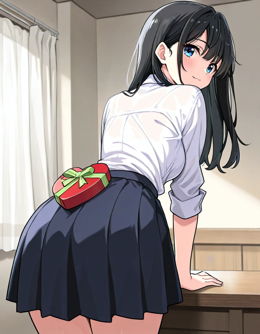 1girl, solo, general, gift on ass, valentine, gift, gift box, heart-shaped box, from behind, looking back, leaning forward, standing, long hair, black hair, black eyes, medium breasts, white shirt, skirt, indoors, highres, absurdres, very aesthetic, newest, best quality, good quality