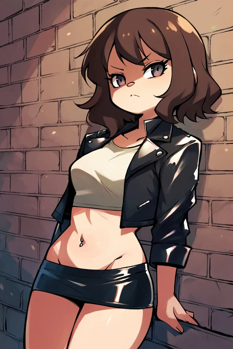 1girl, 1 person, solo female, short, dark brown hair, chin length hair. Her face is angular with high cheekbones, a straight nose, and full lips. She has green eyes that are often smudged with black eyeliner, giving her a slightly edgy look. Her skin pale and dotted with a few freckles across her nose and cheeks. tall and lean with a toned, athletic build from years of playing sports. broad shoulders and a narrow waist, giving her an androgynous look. Casual clothing, baggy shirt, longsleeves, hoodies, and ripped short jeans. combat boots and accessorizes with simple jewelry like leather bracelets or silver hoop earrings. Despite her tomboyish style, she still likes to show off her femininity with small touches like painted nails or a delicate necklace.
