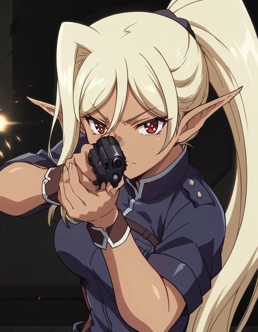 score_9, score_8_up, score_7_up, source_anime, <lora:kuroinu-chloe-ova-ponyxl-lora-nochekaiser:1>, chloe, long hair, blonde hair, very long hair, ponytail, pointy ears, dark skin, dark-skinned female, elf, dark elf, red eyes, medium breasts, anime screencap, <lora:center-axis-relock-stance-ponyxl-lora-nochekaiser:1>, center axis relock stance, looking at viewer, holding, closed mouth, weapon, holding weapon, gun, holding gun, handgun, aiming, finger on trigger, aiming at viewer, m1911,, ,