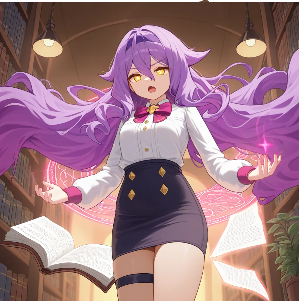 masterpiece, best quality, ultra-detailed, very aesthetic, detailed background, year 2023, very aesthetic, newest, scenery, highres, 4k, absurdres, 8k, colorful,vibrant, glowing, perfect face, 2d, perfect eyes, detailed eyes, library, bookshelves, ceiling lamp, dimmed light, indoors, potted plant, dimmed light, lamp, night, night time, casting magic spell, hands close to each other, cowboy shot, open mouth, talking, casting spell, magic circle, floating hair, windy, breeze, flying pages, closed eyes, focused, flying books, frown,
1girl, solo, magic school medieval interior, long hair, purple hair, yellow eyes, x-shaped pupils, diamond-shaped pupils, Sirin, Fol001, Srn_Sch, white shirt, buttons, purple bow, purple bowtie, purple hairband, high-waist skirt, black skirt, long sleeves, white sleeves, black thigh strap, purple socks, black mary janes, pencil skirt,masterpiece, best quality, ultra-detailed, very aesthetic, newest, scenery, absurdres, perfect anatomy, perfect legs, perfect face, perfect eyes, mature body, clear eyes, beautiful eyes,