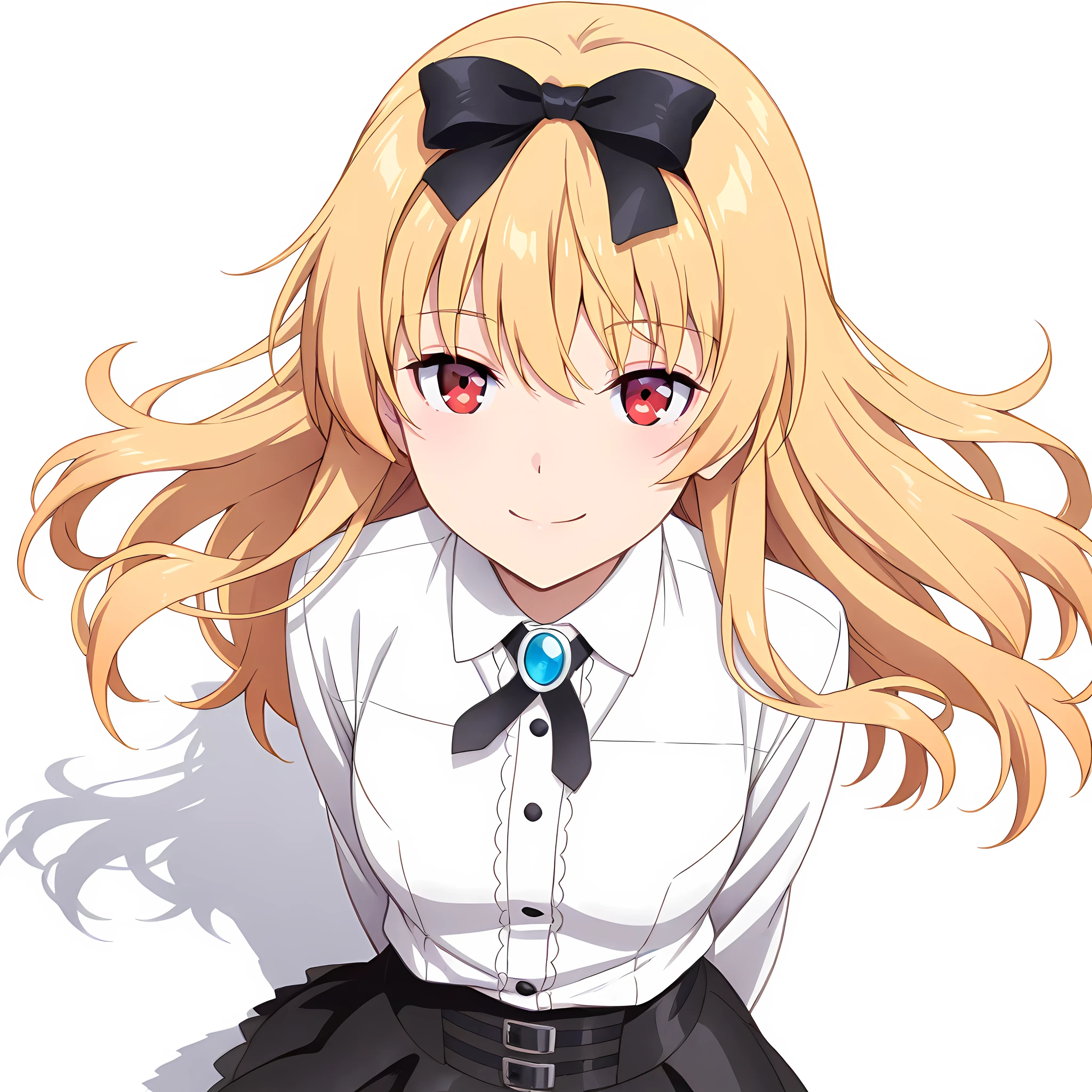 yue(arifureta), defoutfit, 1girl, blonde hair, solo, long hair, red eyes, shirt, looking at viewer, skirt, bow, white shirt, white background, simple background, bangs, hair bow, smile,  <lora:Yue-Arifureta-IllustXL:1>, (masterpiece),(best quality),(ultra-detailed),(best illustration),(best shadow),(absurdres),(detailed background),(very aesthetic),