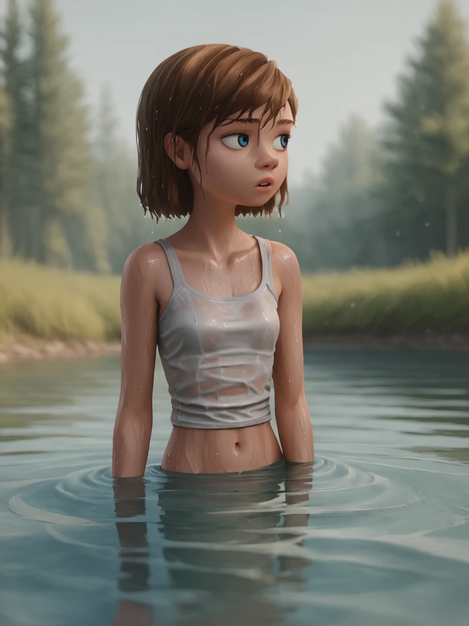 score_9, score_8_up, score_7_up, score_6_up, BREAK, R1l3y, 1girl, solo, short hair, blue eyes, brown hair,
bare shoulders, parted lips, midriff, water, crop top, wet, shadow, looking away, tank top, camisole, wading, partially submerged, ripples, lake
<lora:Riley_AndersenV4:0.8>