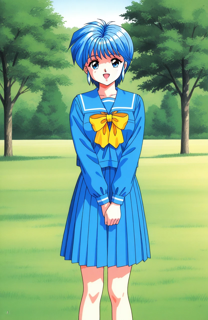 general,highres, ultra-detailed,very aesthetic,best quality ,best hands, BREAK <lora:Nijino_Saki_Tokimeki_Memorial_IS:1>Nijino_Saki(Tokimeki_Memorial),1girl, solo, blue hair, blue eyes, short hair, bangs, medium breasts, 1990s (style),
school uniform, skirt, blue skirt, yellow bow, serafuku, pleated skirt, long sleeves, bow, blue sailor collar,
open mouth, looking at viewer, blue shirt, smile, shirt, feet out of frame, plaid, standing, bowtie, v arms,
grass, skym day, tree,