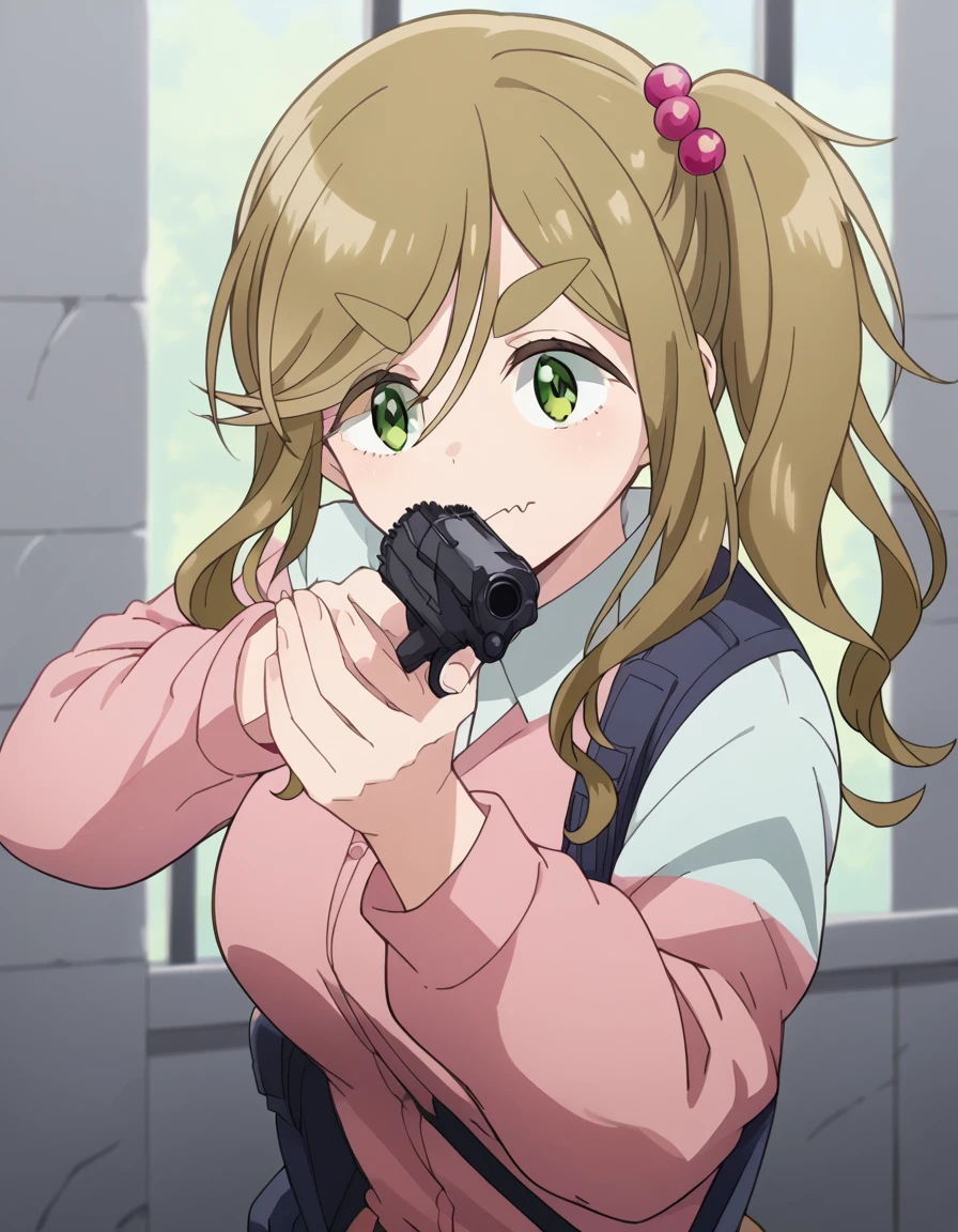score_9, score_8_up, score_7_up, source_anime, <lora:aoi-inuyama-s3-ponyxl-lora-nochekaiser:1>, aoi inuyama, long hair, brown hair, hair ornament, green eyes, fang, side ponytail, hair bobbles, skin fang, thick eyebrows, large breasts, anime screencap, <lora:center-axis-relock-stance-ponyxl-lora-nochekaiser:1>, center axis relock stance, looking at viewer, holding, closed mouth, weapon, holding weapon, gun, holding gun, handgun, aiming, finger on trigger, aiming at viewer, m1911,, ,