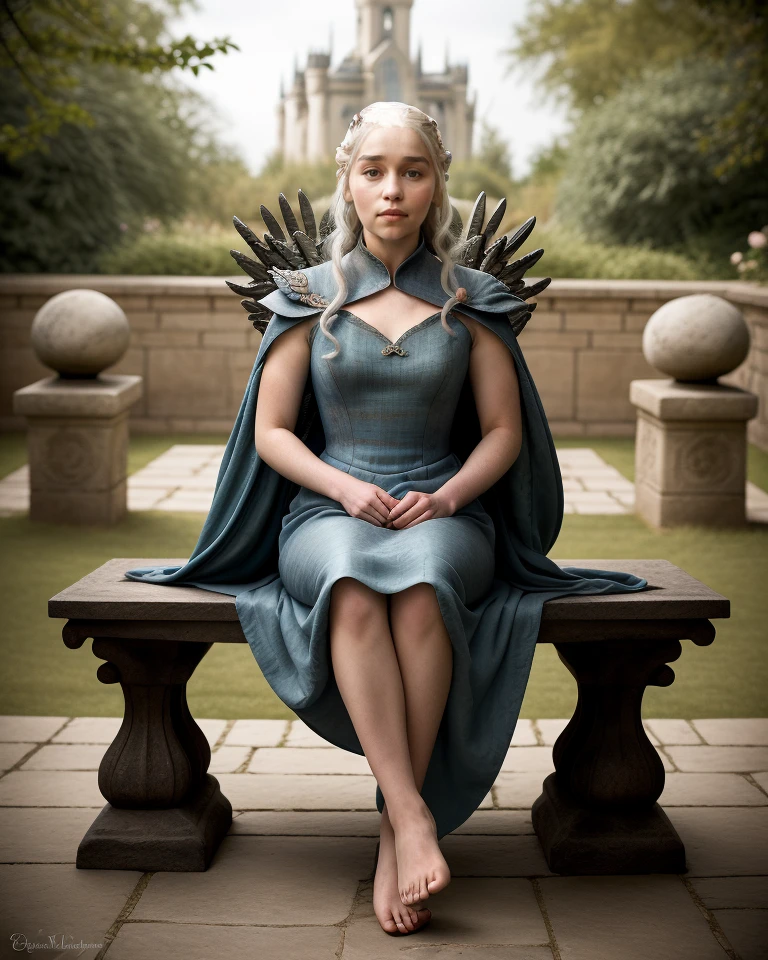 fairy tale masterpiece, high score, great score, absurdres, 1girl, <lora:GOTemiliaClarkeQuiron_v07i02e15t05nr77na77ada_Lora:1> gotemiliaclarkeQuiron, a dark background. Spotlight illumination. Seated on a stone bench in a serene garden, she gazes at a blooming rose, captivated by its delicate beauty, . magical, fantastical, enchanting, storybook style, highly detailed