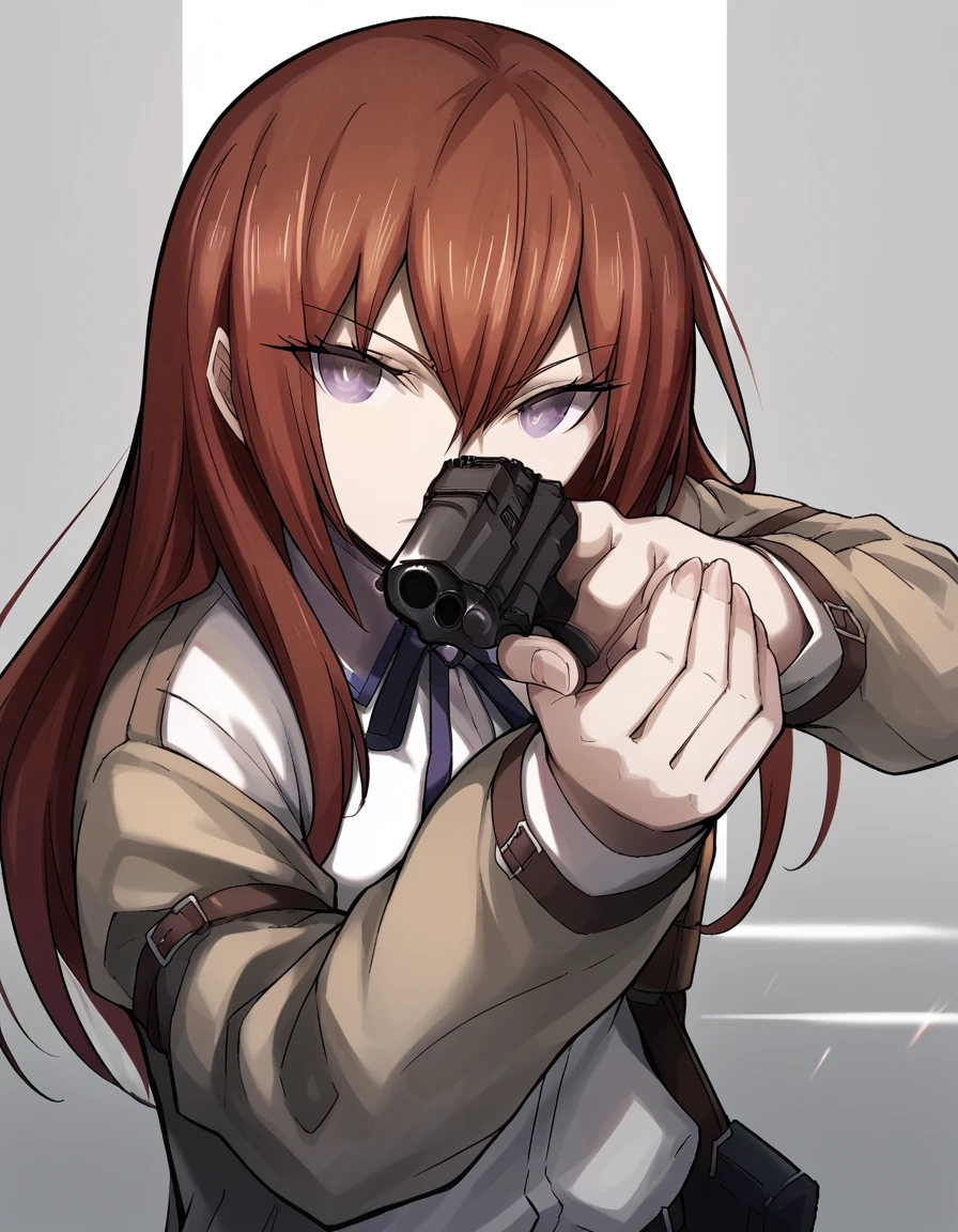 score_9, score_8_up, score_7_up, source_anime, <lora:kurisu-makise-ingame-ponyxl-lora-nochekaiser:1>, kurisu makise, hair between eyes, hair over shoulder, long hair, purple eyes, red hair, straight hair, mature female, small breasts,, <lora:center-axis-relock-stance-ponyxl-lora-nochekaiser:1>, center axis relock stance, looking at viewer, holding, closed mouth, weapon, holding weapon, gun, holding gun, handgun, aiming, finger on trigger, aiming at viewer, m1911,, ,