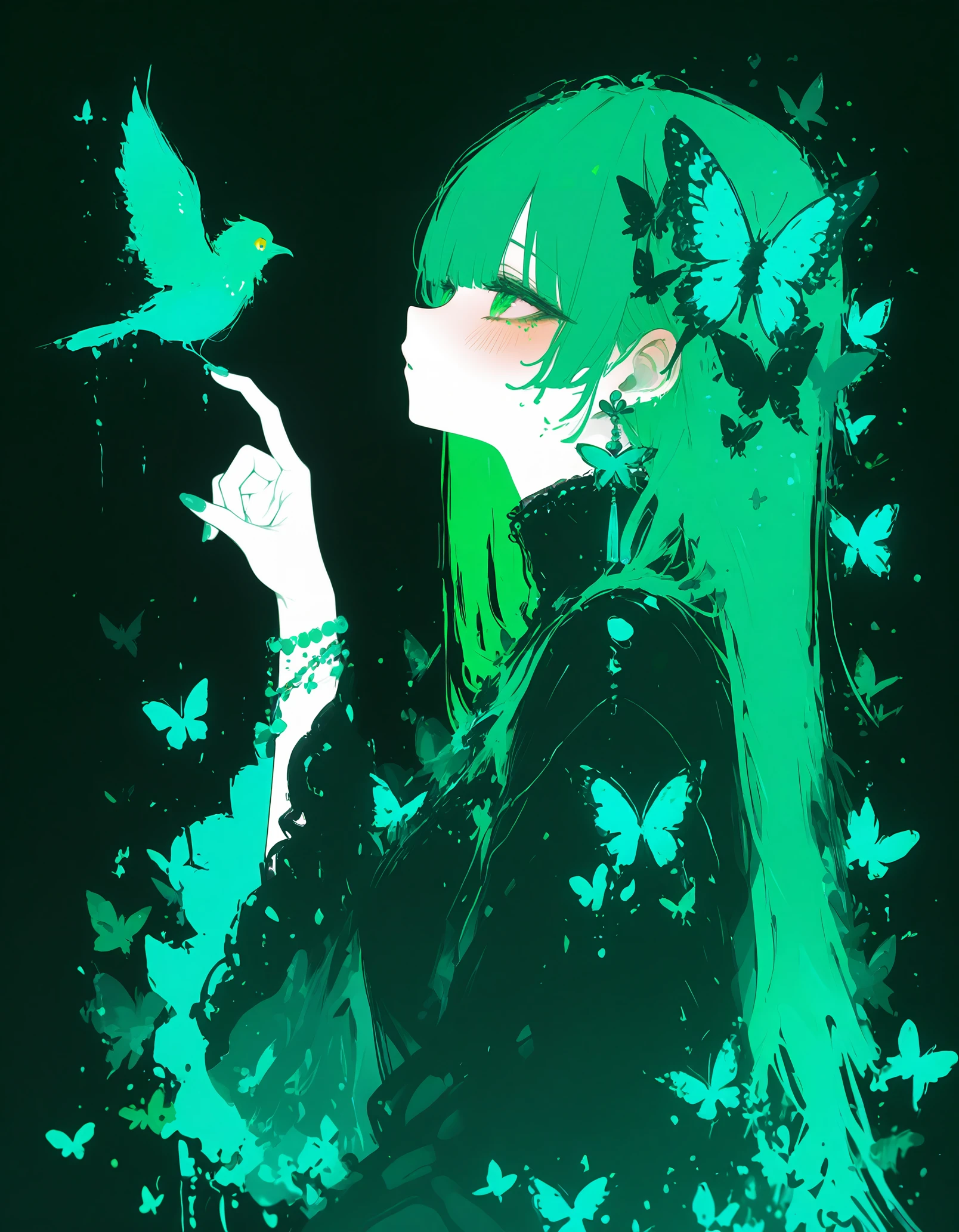 masterpiece, newest,absurdres, incredibly absurdres, <lora:XXX477-000016:1>,xxx667_illu,1girl, green eyes, bird, green nails, solo, jewelry, long hair, earrings, black background, butterfly, blush, long sleeves, from side, looking at animal, bangs, green hair,abstract,