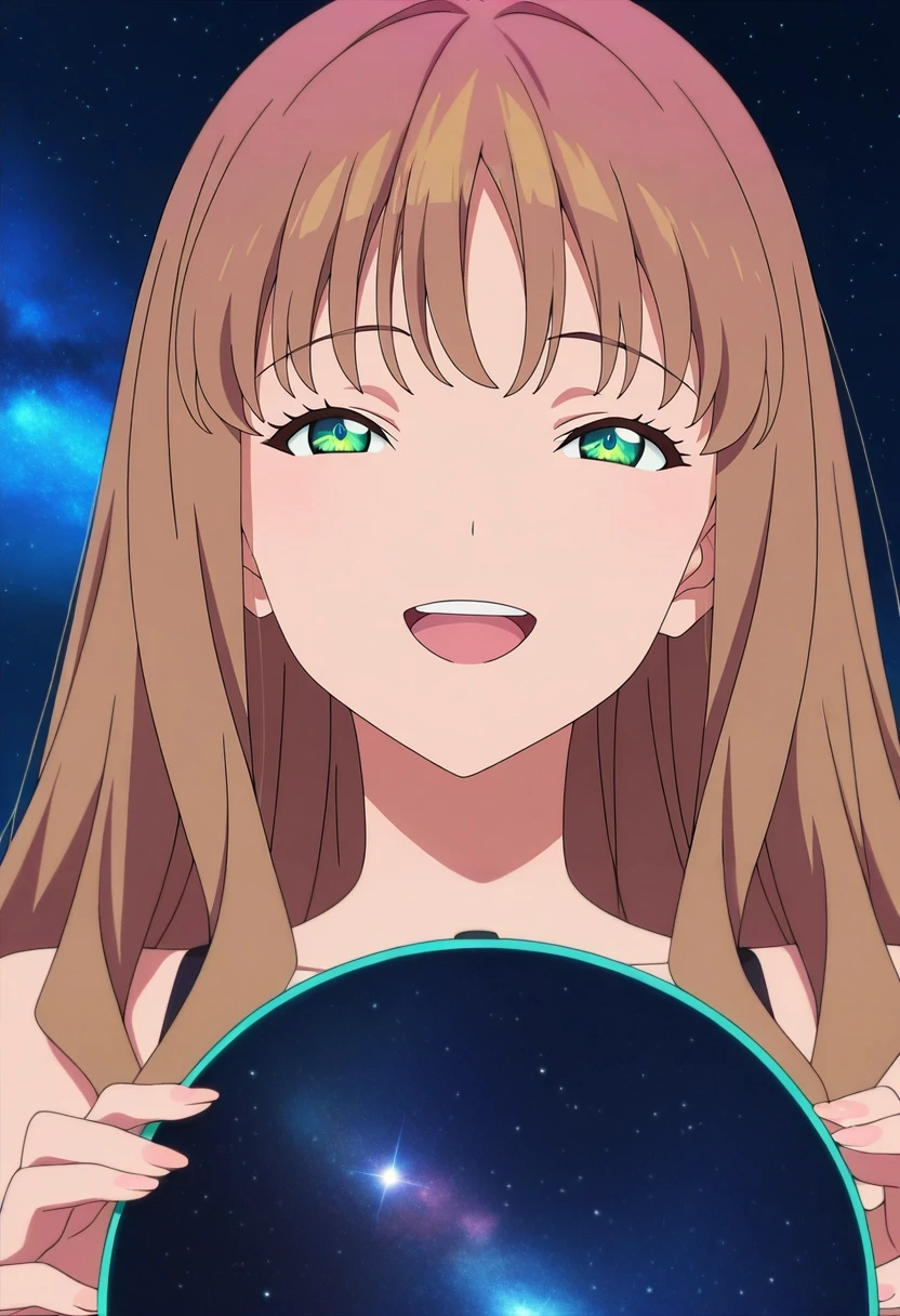 masterpiece, best quality, , anime screencap, anime coloring, official style, , 1girl, solo, <lora:yume_minami_ilxl:1>, yume_minami, brown hair, green eyes, long hair, bangs, focused, space, stars, dusk, holding instrument, laughing,