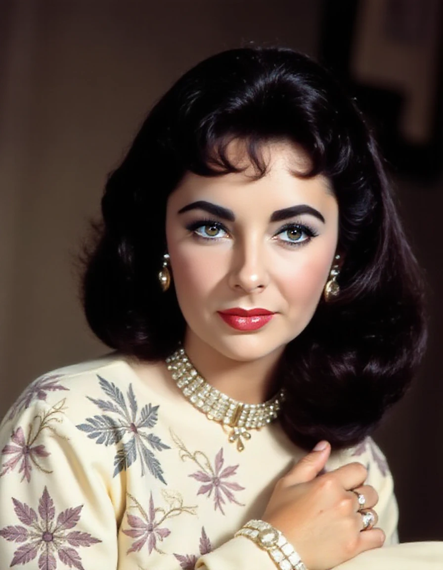 elizabethtaylor violet eyes, smiling broadly, close-up profile, high neckline,
