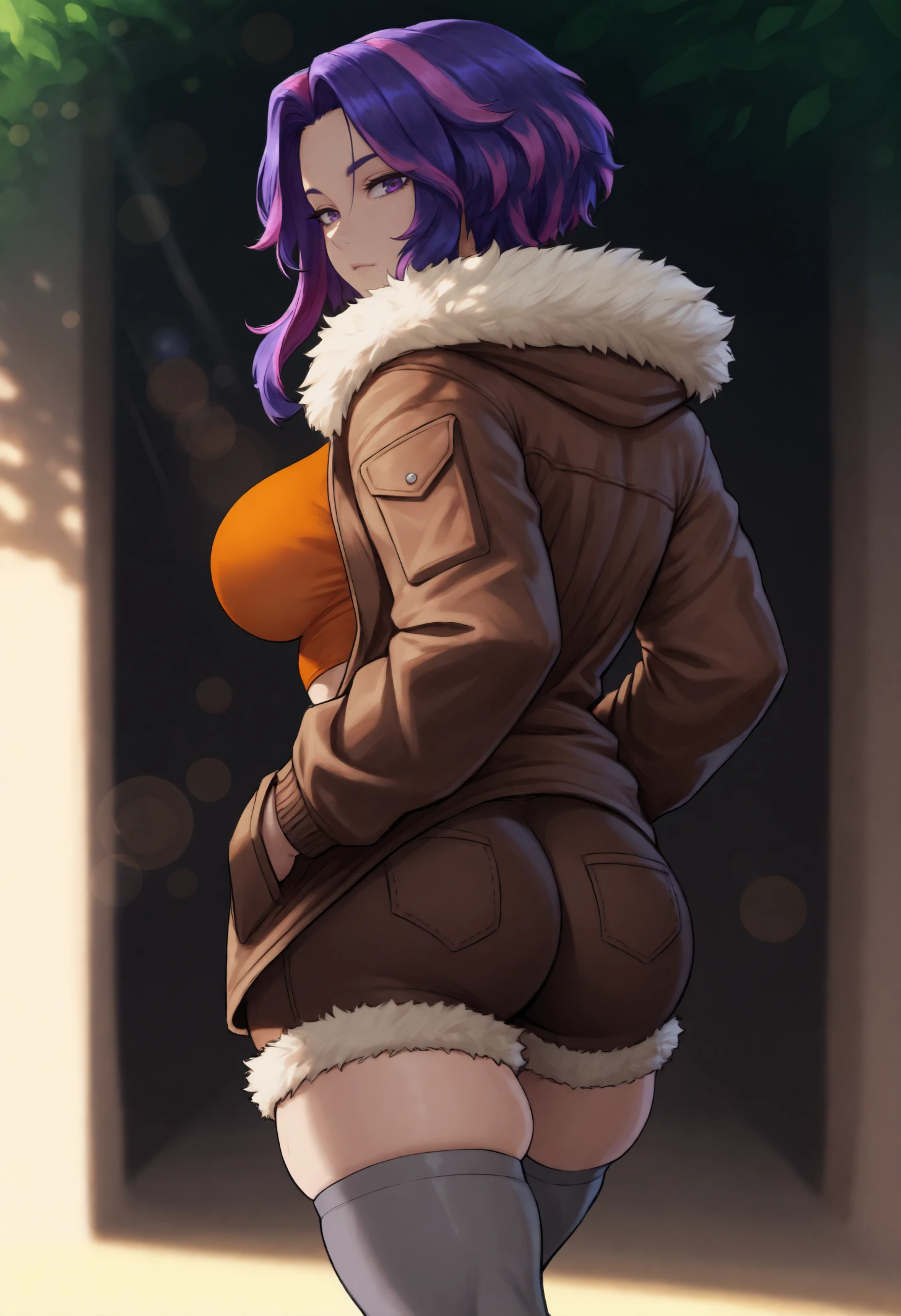 masterpiece, best quality, absurdres, very aesthetic, toned, 1girl
medium hair, two-tone hair, pink hair, purple hair, streaked hair, sidelocks, parted bangs, purple eyes,
dappled sunlight,curvy,from behind,ass focus, large breasts, fur-trimmed jacket, orange crop top, hands in coat pockets, fur-trimmed shorts, brown shorts, gray thighhighs,looking at viewer,walking,skindentation
detailed background, lens flare, reflection, bokeh, sunbeam,
<lora:tstsmkn _idxl_EliPot:1>