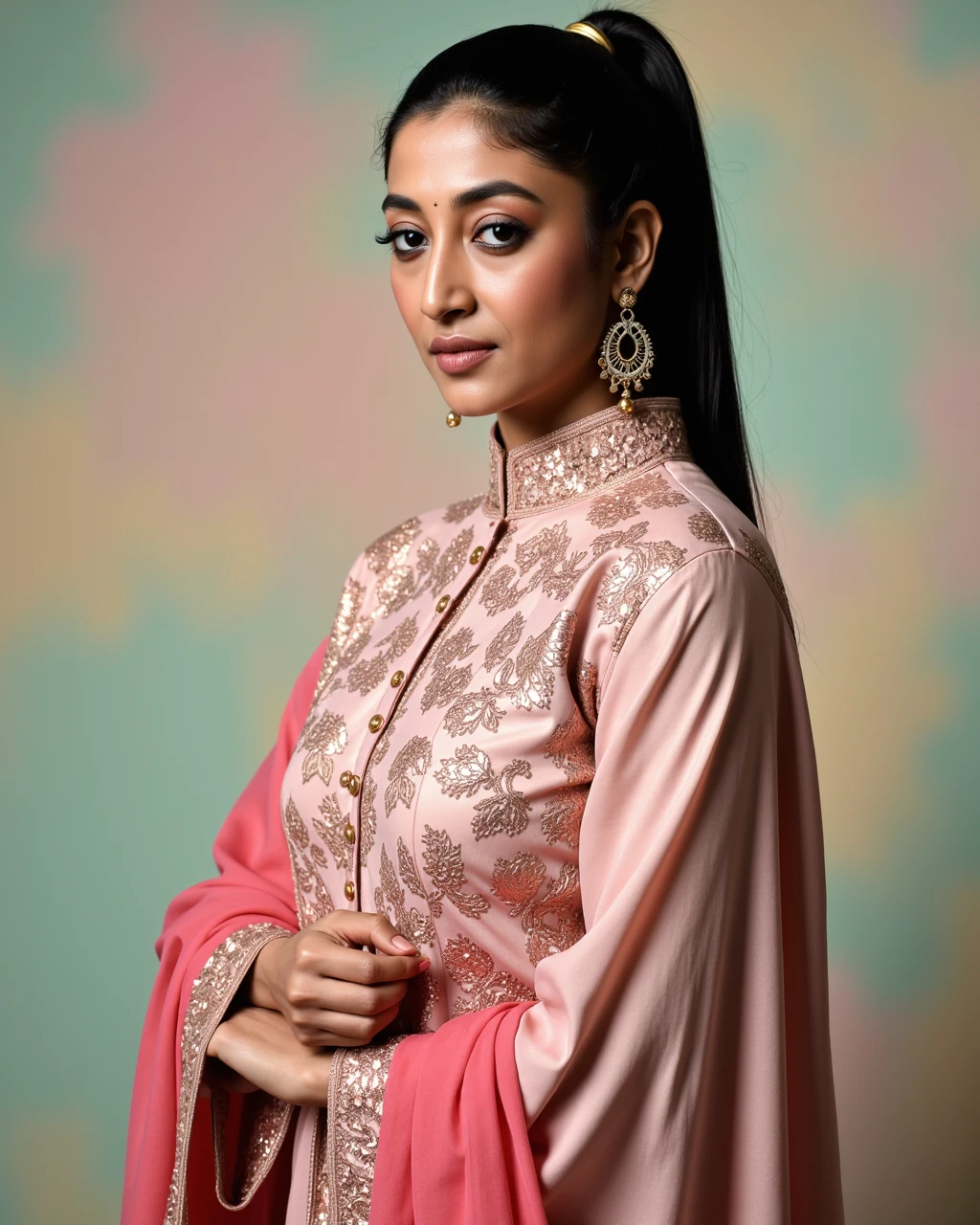 full body photo of Paoli Dam woman,candid photo with natural colors, serious expression on face,studio quality, wearing intricate elegant conservative turtleneck Rose Salwar Kameez, high ponytail, pastel shaded multicolored background, cinematic soft lighting<lora:TestBed\Paoli_Dam_Flux_Kohya_V1b-000004.safetensors:0.8:0.8>