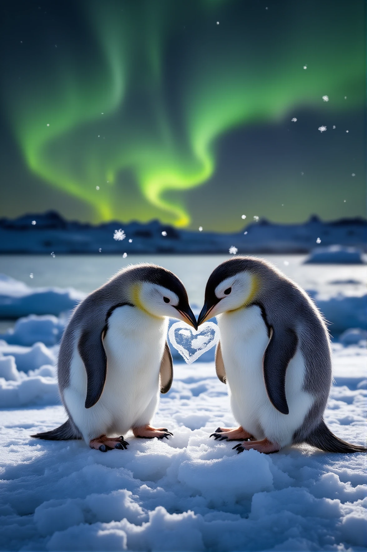 Two tiny penguins stand close together on an icy shore, their feathers ruffled by the cold wind. One nudges a heart-shaped piece of ice toward the other as the golden glow of the Northern Lights shimmers above. Snowflakes flutter in the night sky, settling softly on their heads.
<lora:paws-and-hearts-flux:1>