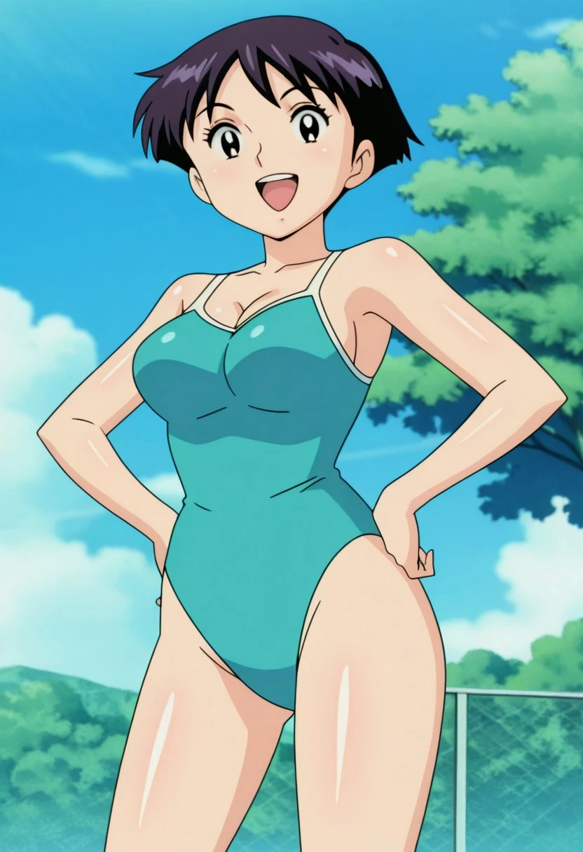 score_10, score_9, score_8_up, score_7_up, BREAK, source_anime, anime screencap, anime coloring, shinobu miyake, bangs, purple hair, green eyes, undersized navy school swimsuit, nipple cutout, pussy cutout, hands on hips, standing, Wetting Self, pee, milk stain, standing, hands on hip, (angry:0.4), serious, trembling effect, full-face blush, embarrassed, teeth, looking at viewer, cowboy shot, sagging huge_breasts, long erect nipples, dirty dark large areola, Underarm sweat, black underarm hair damp with sweat, natural (black) curly armpit hair, skinny, slender legs, Unshaven Pubic Hair, school pool