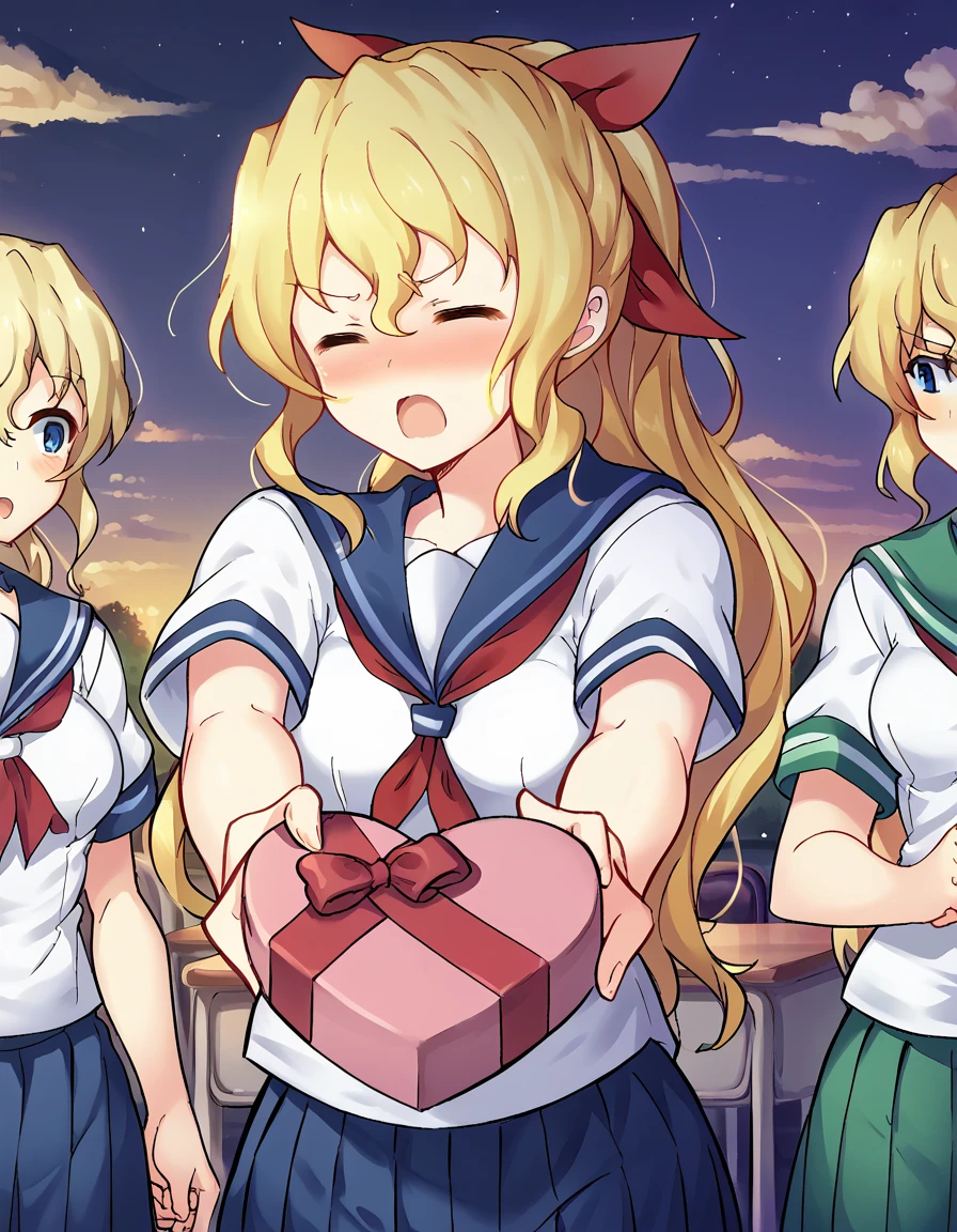 score_9, score_8_up, score_7_up, source_anime, <lora:lilly-satou-ingame-ponyxl-lora-nochekaiser:1>, lilly satou, long hair, blue eyes, blonde hair, hair ribbon, ponytail, blank eyes, medium breasts, <lora:heart-shaped-box-ponyxl-lora-nochekaiser:1>, heart-shaped box, holding, box, gift, valentine, incoming gift, closed eyes, blush, open mouth, outstretched arms, outdoors, night sky, clouds, shouting, classroom, serafuku, school uniform, white shirt, blue sailor collar, blue skirt, pleated skirt, short sleeves, neckerchief, red neckerchief,