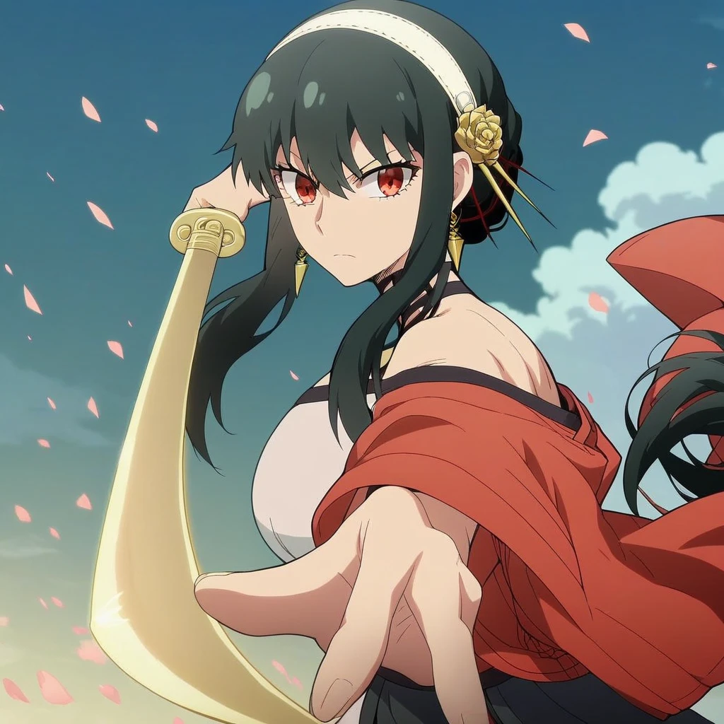 score_9, score_8_up, score_7_up, source_anime, , yor briar, black hair, red eyes, earrings, white hairband, hairband, long hair, sidelocks, large breasts, anime screencap, gatotsu stance, weapon, sword, katana, holding weapon, holding, holding sword, foreshortening, japanese clothes, kimono, looking at viewer,,