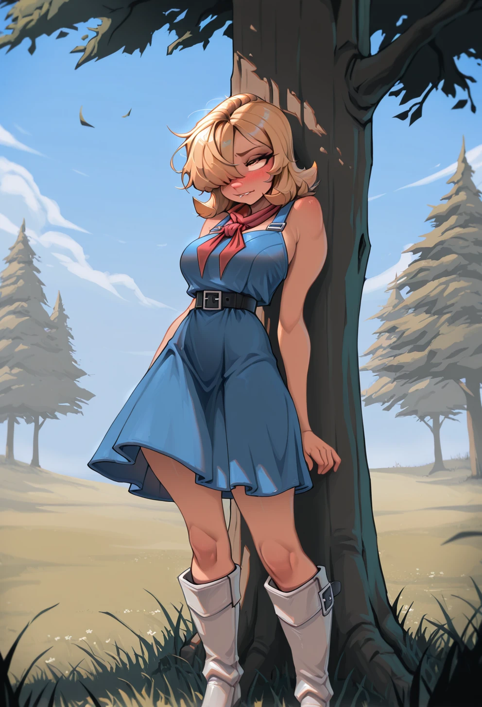 masterpiece, best quality, absurdres, very awa,
WCindy_Collins, standing, leaning against tree, blushing, biting lip, cindy dress, cindy neckerchief, cindy belt, cindy boots, bare shoulders,
from front, whole body in frame, solo,
grass, tree, outside,
