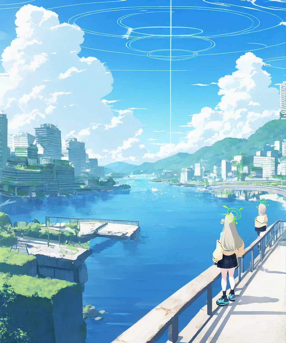 1girl,nonomi \(blue archive\),post-apocalypse,ivy,beach, bird, blue sky, boat, bridge, building, city, cloud, cloudy sky, day, facing away, from behind, horizon, lake, mountain, mountainous horizon, ocean, outdoors, railing, river, road, scenery,,masterpiece, best quality, very aesthetic, absurdres, <lora:Submerged ruins-NAI:0.8>,