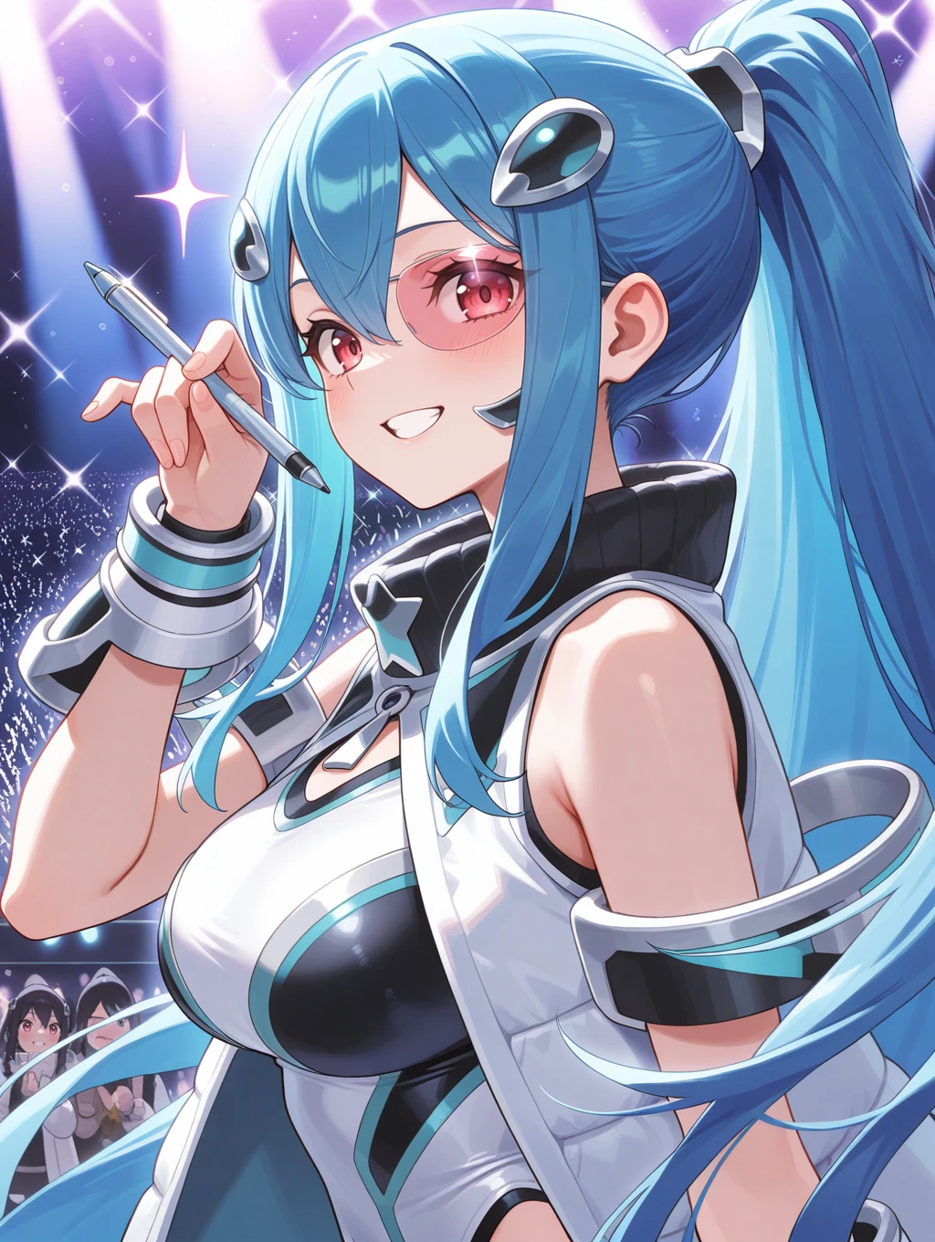 1girl,solo focus,ponytail,open mouth,looking at viewer,concert,sparkle,hand up,from side,blush,pen,holding pen,white highleg leotard,tinted eyewear,argostars - glorious adra,white coat,black hair ornament,black hairset,white wrist guards,upper body,one eye covered,grin,
masterpiece,best quality,amazing quality,very aesthetic,absurdres,newest,<lora:Argostars - Glorious Adra illuXL v1:0.7>,
