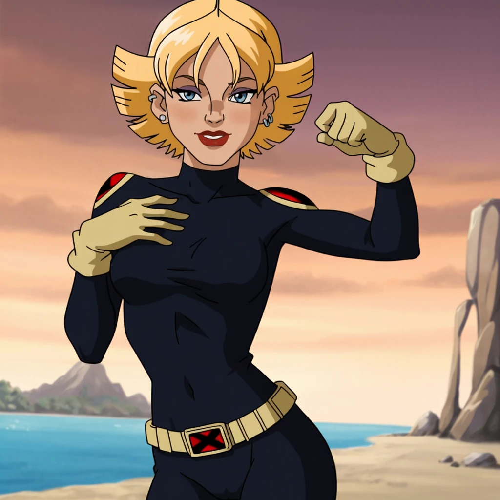 <lora:BoomBoom_pony_v1:.7> BoomBoom, 1girl, short hair, blonde hair, gloves, belt, lipstick, earrings, makeup, jewelry, bodysuit, blue eyes, retro artstyle, bedroom
